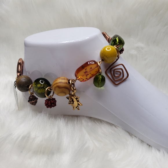 Chico's Anklet / Bracelet 11" Beaded Metal Charms Copper Yellow Green NWT - Picture 3 of 13